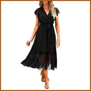 Polyester Summer Bohemian Floral Wrap V-Neck Ruffle Cap Sleeveless Midi Dress